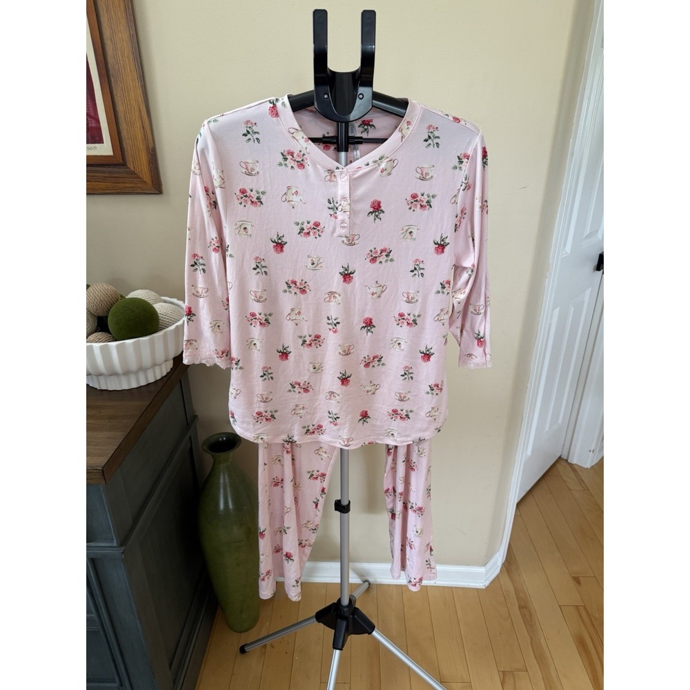 Flora Nikrooz Pajama Set Women's M Pink Tea Cup Rose Print Knit Sleepwear - Picture 1 of 7